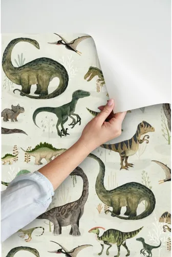 Vista 3 de Spoonflower Papel tapiz para despegar y pegar - Dinosaurios grandes Verde Niños Gris Animales Niños Ilustración Dino Papel pintado extraíble