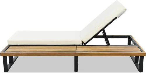 Vista 8 de Tumbona reclinable para patio al aire libre con respaldo ajustable de 5 posiciones y mesa auxiliar de madera, silla lounge para todo tipo de clima