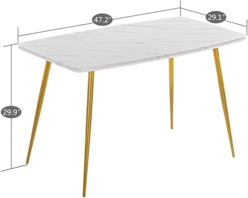 Vista 7 de Mesa de comedor rectangular de oro blanco, moderna y elegante, con patas de metal dorado para 4 a 6 personas, mesa de trabajo simple para oficina