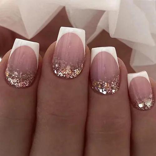 Vista 53 de Uñas postizas a presión con punta francesa, uñas postizas cuadradas cortas con diseños de cuentas de flores 3D, uñas blancas a presión, uñas Blanco