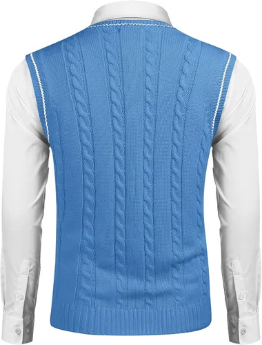 Vista 2 de COOFANDY Suéter para hombre, cuello en V, ajustado, casual, sin mangas, tejido trenzado