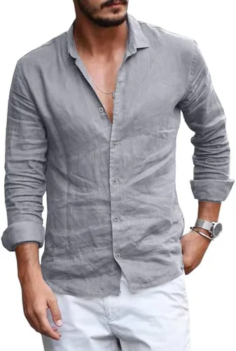 Vista 10 de Runcati Mens Button Down Shirt Linen Cotton Shirts Casual Long Sleeve Tops 01 Negro