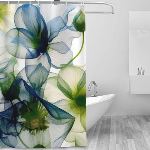 Vista 2 de YLATY2774 - Cortina de ducha de flores abstractas para baño, juego de cortina de ducha bohemia floral azul y verde, tela transparente, moderna