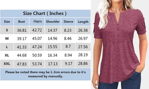 Vista 4 de Women's Zipper Summer Pleated Button Short Sleeve T-Shirt Summer V-Neck Solid Color Casual top