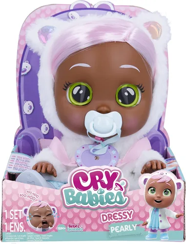 Vista 4 de Cry Babies Dressy Pearly - Muñeca bebé de 12 pulgadas, vestido azul, chaqueta blanca esponjosa con orejas de animales, para niñas y niños de 18