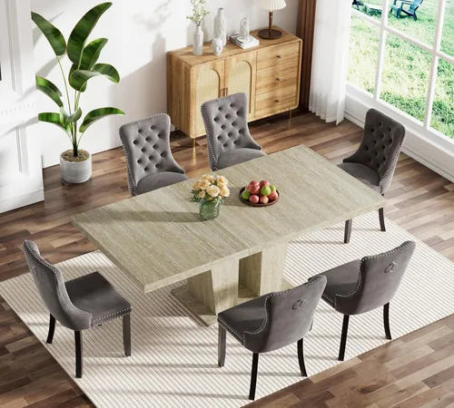 Vista 92 de Juego de mesa de comedor extensible marrón de 63 a 78.74 pulgadas para 4, juego de mesa de comedor de 5 piezas con 4 sillas, mesa de cocina