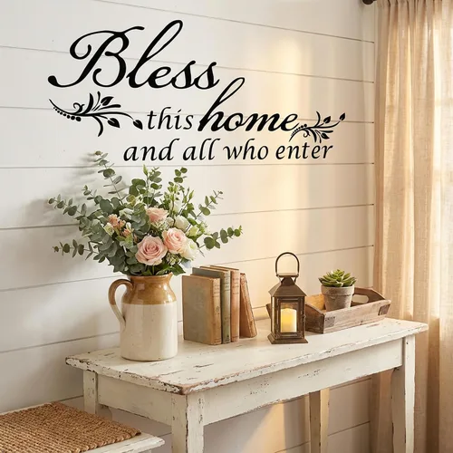 Vista 2 de Decoración de calcomanía de vinilo con texto en inglés “Bless This Home and All who Enter”, para la entrada o la sala de estar Negro