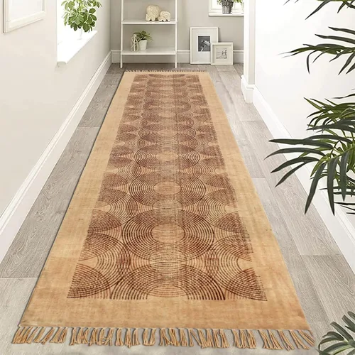 Vista 15 de Kilim Alfombra de Área 2x3 pies, color marrón bronce, diseño abstracto, estampado a mano en bloque, algodón Dhurrie, lavado a mano en superficie