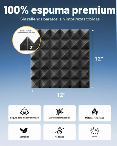 Vista 2 de Paquete de 24 paneles de espuma acústica autoadhesivos, 12 x 12 x 2 pulgadas, paneles de espuma piramidal de alta densidad a prueba de sonido