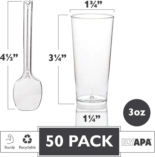 Vista 2 de Ilyapa - Mini tazas de postre de plástico con cucharas, 3 onzas, redondas, transparentes, 50 unidades Para postres de chocolate, aperitivos