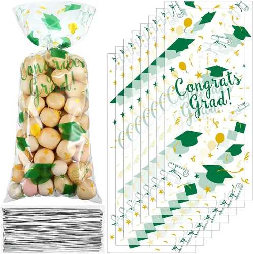 Vista 7 de Blulu 100 bolsas de celofán de graduación, felicitaciones para graduados, bolsas de regalo de plástico con 100 lazos giratorios plateados para Negro