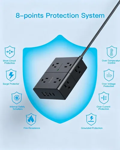 Vista 6 de One Beat Regleta protectora de sobretensiones, cable de extensión plano ultrafino de 6 pies con 8 tomas, 4 puertos USB (2 USB C), regleta