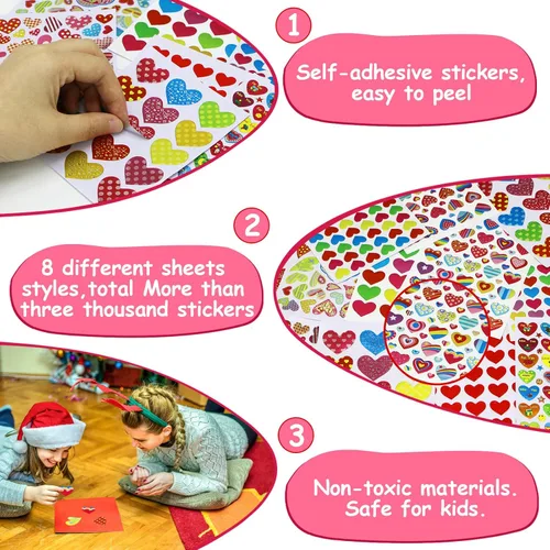 Vista 3 de 80 hojas de calcomanías de San Valentín para niños, calcomanías decorativas de corazón para sobres, tarjetas, manualidades, álbumes de recortes