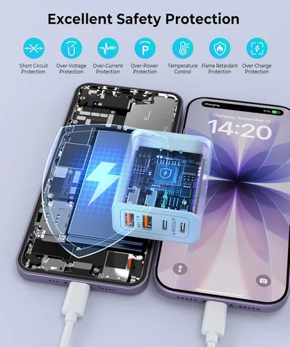 Vista 7 de [Paquete de 2] Cargador de pared USB C, cargador tipo C de 40 W, bloques de 40W 2Pack Azul bebé