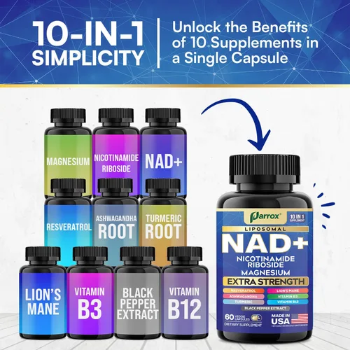 Vista 4 de Suplemento NAD+ con NAD liposomal, ribósido de nicotinamida, magnesio, vitamina B3 y B12, resveratrol, cúrcuma, Ashwagandha, melena de león, fuerza