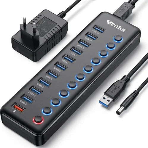 Vista 8 de WENTER Hub USB 3.0 alimentado con lector de tarjetas SD/TF, concentrador USB de aluminio de 10 puertos