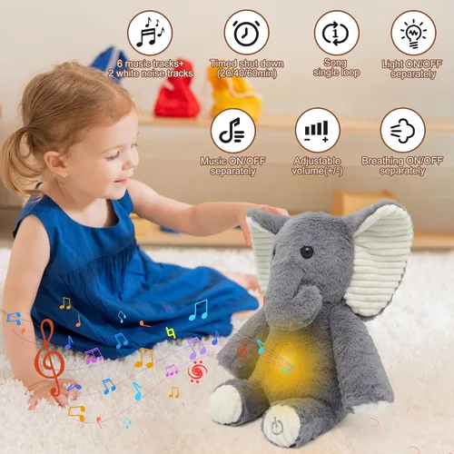 Vista 3 de IUTOYYE Elefante de peluche que respira con luz y sonido, juguete de elefante relajante, muñeco de peluche para niños