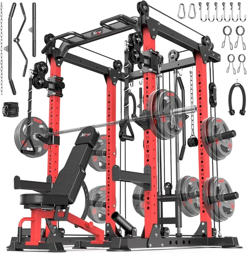 Vista 24 de Power Rack Power Cage Rack multifunción para sentadillas con sistema cruzado de cable seleccionable más accesorio de entrenamiento para garaje