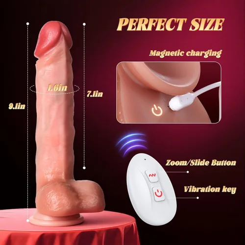 Vista 3 de Vibrador de empuje realista con anillo deslizante de 360° y control remoto Desnudo