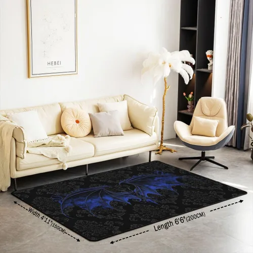 Vista 2 de Erosebridal Alfombra gótica de 3 x 5 pies, estilo bohemio, damasco, murciélago, sala de estar, antideslizante, negro, gris, azul, alfombra gótica