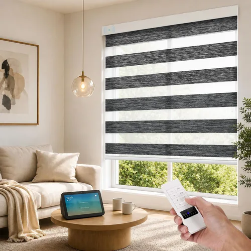 Vista 12 de ACMEART Persianas motorizadas de cebra con control remoto, persianas automáticas de doble capa, persianas eléctricas opacas para oficina del hogar