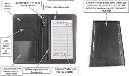 Vista 3 de Cartera organizadora de libros de piel sintética negra para camareros o camareros, recibo de restaurante o cheque de dinero (negro/8 x 5 pulgadas)