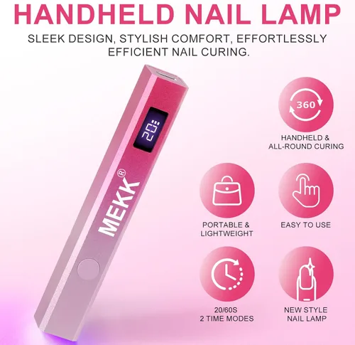 Vista 7 de MEKK Luz UV de mano de metal para uñas de gel, mini lámpara de uñas LED UV inalámbrica con pantalla LED y lámpara de curación flash alimentada por