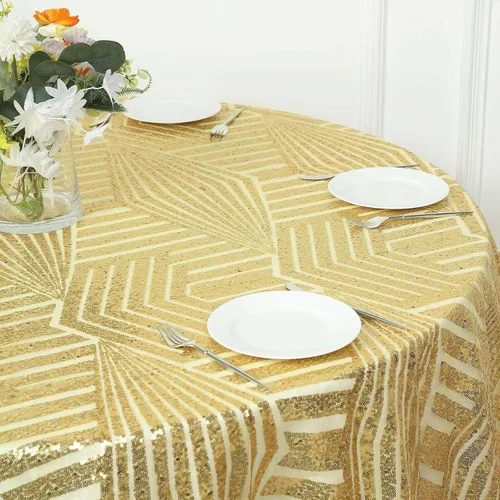 Vista 2 de Efavormart - Mesa cuadrada de tul geométrico con lentejuelas doradas brillantes de 72 pulgadas Dorado