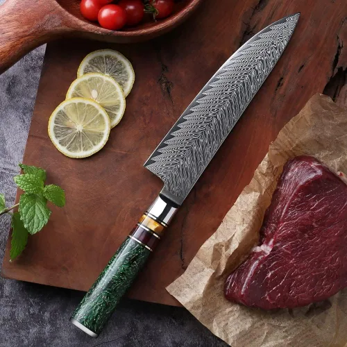 Vista 4 de Juego de cuchillos, 8 piezas de 67 capas, cuchillos de cocina de acero de damasco, corte afilado, alimentos, multiusos, grano verde, mango