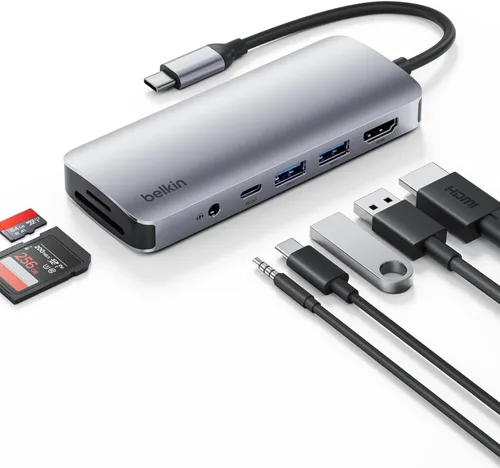 Vista 9 de Belkin Hub USB C, base multipuerto 4 en 1 para laptop con HDMI 4K, estación de acoplamiento USB C con entrega de alimentación de paso de 100 vatios