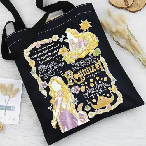 Vista 6 de BWWKTOP Bolso de mano de princesa Regalos de princesa Bolso de hombro de lona de princesa de pelo largo Bolsa de compras de princesa de cuento