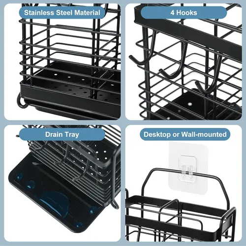 Vista 3 de Soporte para Utensilios, Escurridor de Utensilios de Acero Inoxidable con Bandeja de Drenaje, Cesta de Drenaje para Encimera de Cocina, Organizador