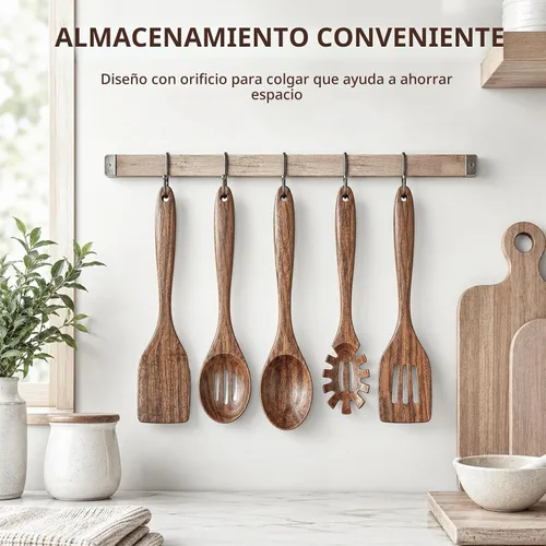 Vista 7 de KITEISCAT Cucharas de madera de acacia para cocinar: juego de utensilios de cocina y cocina de 5 piezas - espátula de madera, cuchara ranurada