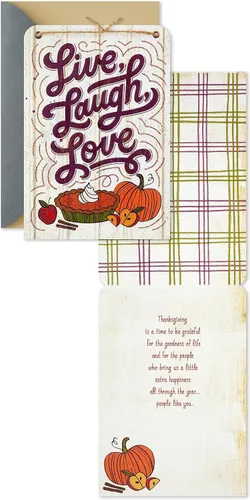 Vista 4 de Hallmark Surtido de tarjetas de Acción de Gracias de grano de madera (3 tarjetas con sobres) Live, Laugh, Love, Give Thanks, Cornucopia