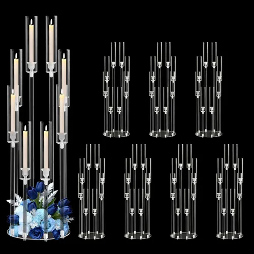 Vista 20 de Portavelas transparentes de 8 brazos para decoración de boda, candelabro alto de acrílico con pantalla para eventos del día de San Valentín, fiesta