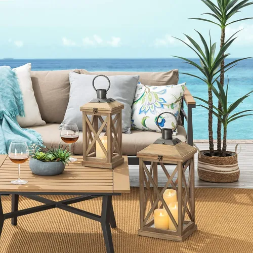 Vista 11 de Glitzhome Juego de 2 faroles decorativos de madera y metal para colgar en el patio, color negro (sin vidrio)