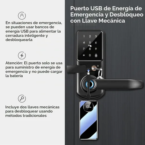 Vista 3 de Cerradura inteligente de huellas dactilares con manija de palanca, pantalla táctil con teclado, perilla de puerta delantera sin llave, control