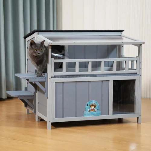 Vista 9 de Refugio para gatos de madera cálida de 2 niveles con techo de luz solar, casa para gatos al aire libre, balcón, plataformas de salto, recinto