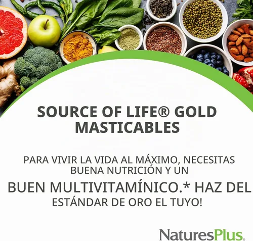 Vista 3 de NaturesPlus Source of Life GOLD Chewables - 90 tabletas vegetarianas - Sabor a frutas tropicales - Suplemento multivitamínico integral - Sin gluten