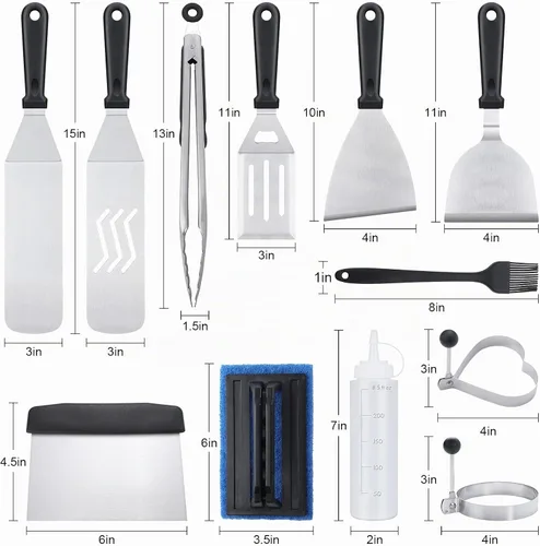 Vista 2 de Blackstone Kit de accesorios para parrilla, 16 piezas de accesorios de parrilla plana para Blackstone y chef de campamento con espátula, raspador