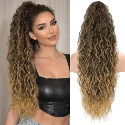 Vista 23 de KooKaStyle Extensión de cola de caballo con cordón de 26 pulgadas (66 cm) para mujeres, extensiones de cabello sintético rizado largo para uso