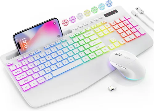 Vista 11 de Combo de teclado y mouse inalámbricos SABLUTE - 9 efectos retroiluminados, 2.4 GHz Ergo Wrist Rest, Phone Holder, Full Size, Rechargeable, Sleep