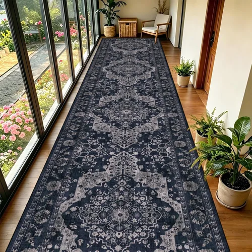 Vista 12 de nesrt Alfombra bohemia lavable de 2 x 10 pies, suave, antideslizante, extra larga, alfombra de cocina, color negro, vintage, geométrico, camino