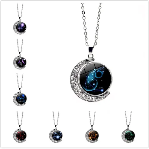 Vista 2 de DEQIYIJI Zodiac Necklace Jewelry Birthday Gifts Astrology 12 Constellation Horoscope Sign Galaxy Crescent Half Moon Pendant Necklace
