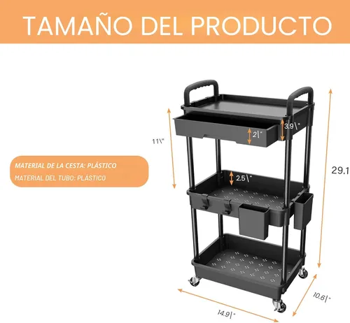 Vista 5 de Carrito rodante de 3 niveles con cajón, carrito de servicio REBECAT hecho de organizador de almacenamiento multifuncional para cocina, baño, sala