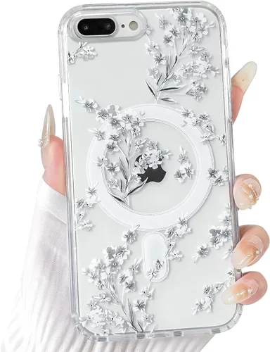 Vista 63 de NITITOP Funda magnética transparente compatible con iPhone 14 Plus/15 Plus, compatible con MagSafe lindas flores, hojas florales para mujeres