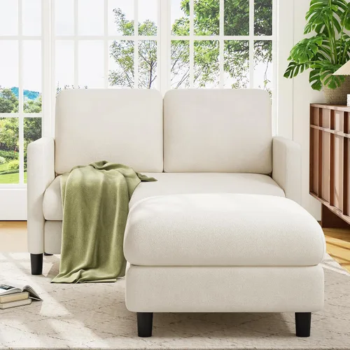Vista 7 de Welzona Loveseat, 51" Small L Shaped Couch, Comfy Teddy Love Seat with Ottoman Set, Tool-Free Setup Loveseat Sofa with Ottoman, All-Wood Small Sofa