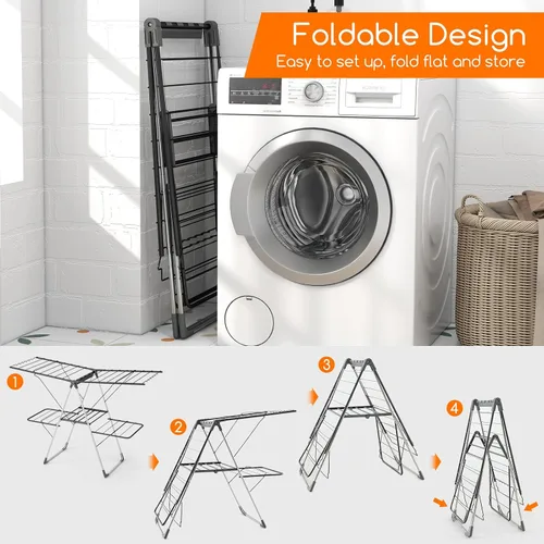 Vista 5 de Giantex Estante de secado de ropa, estante de secado de ropa plegable con 33 rieles de secado, altura ajustable de 3 niveles, clips versátiles