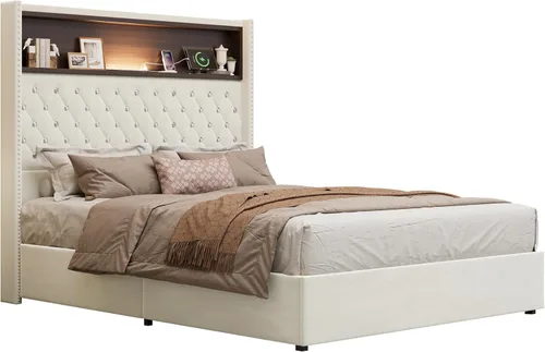 Vista 9 de VilroCaz Cama de plataforma suave de terciopelo de tamaño matrimonial de 52 pulgadas de alto y decoración de remaches, cama con plataforma