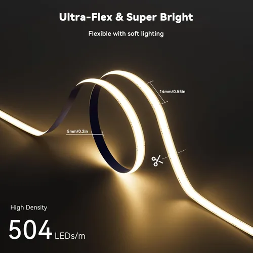 Vista 2 de PAUTIX Tira de luz LED COB de 5 mm 16.4 pies/5 m 3000K Blanco cálido 504 LEDs/m, Cinta LED flexible DC24V para gabinete Hogar Proyectos